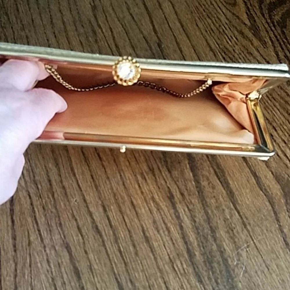 Y2K Silk Clutch Rectangular Gold Sparkle Satin Metal Chain Crystal Clasp